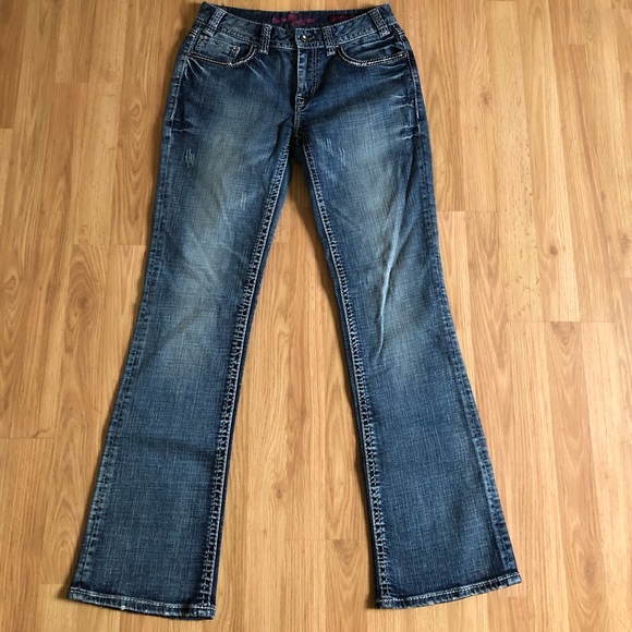 Rock & Roll Cowgirl Mid Rise Bootcut Jeans Dark Denim Embroidery - Picture 3 of 9